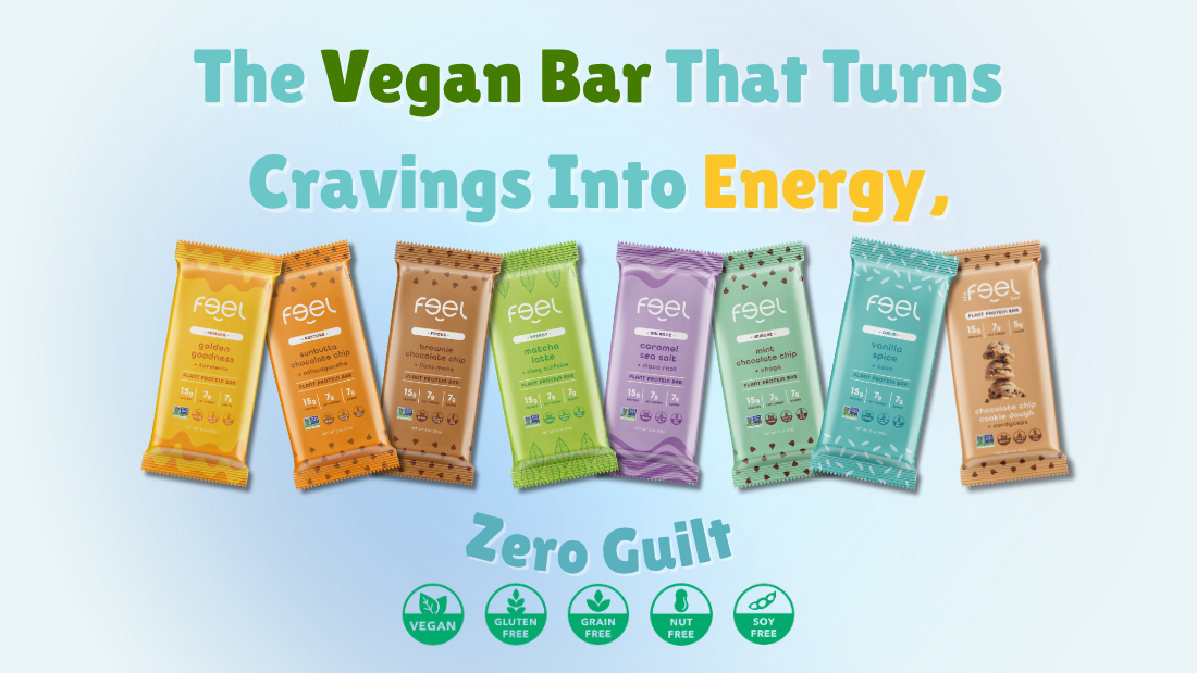 Full line of Feel Vegan Protein Bars (7 flavors shown). Zero Guilt, Low Calorie, High Energy.