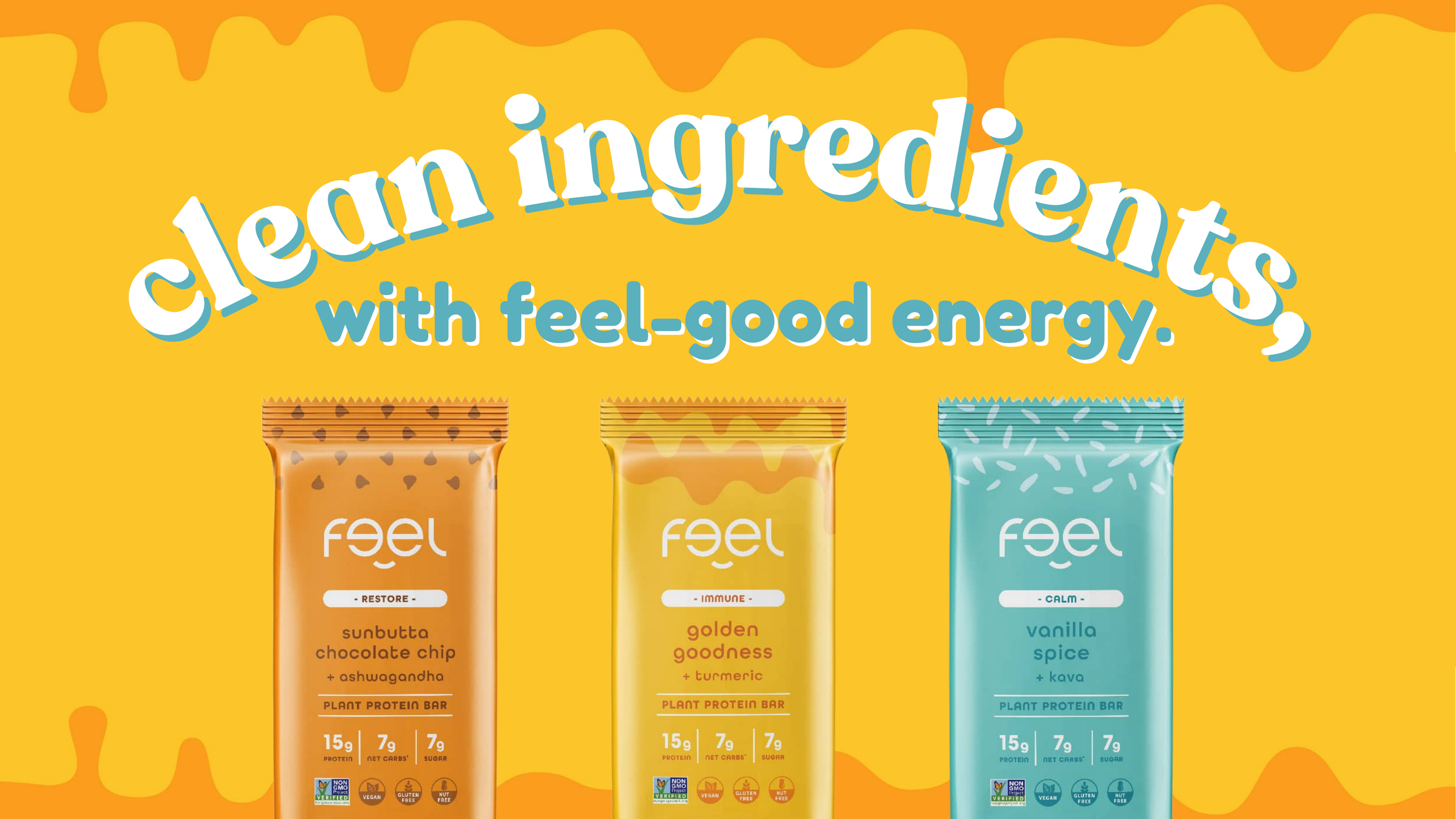 Feel Bar protein bars in Sunbutta Chocolate Chip, Golden Goodness, and Vanilla Spice flavors with message ‘clean ingredients, with feel-good energy’ — vegan, gluten-free, high-protein snacks.