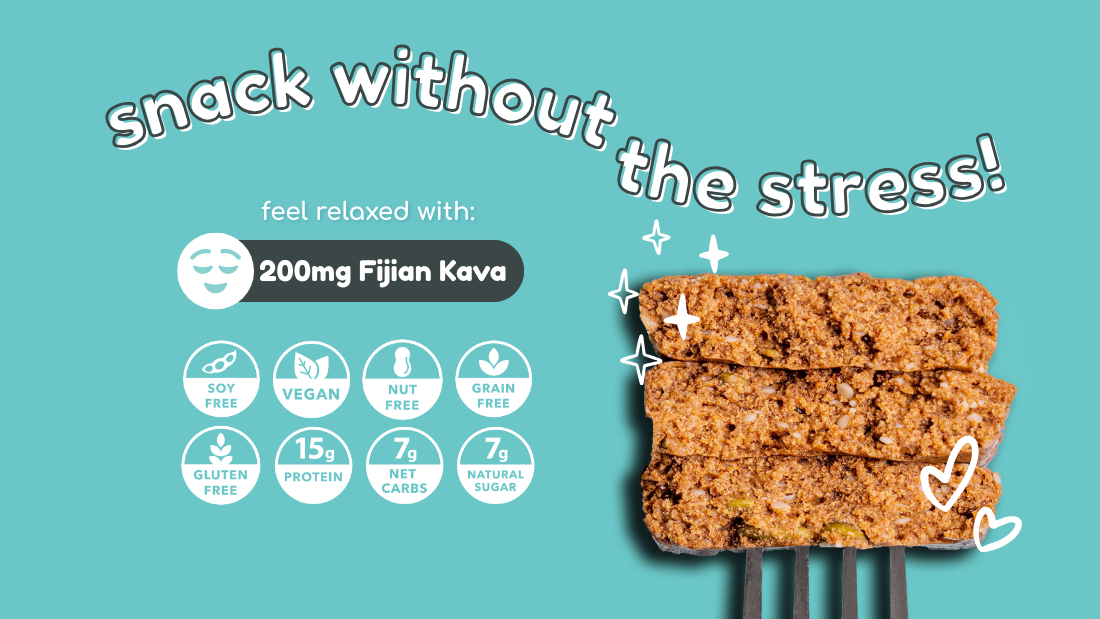Feel Bar snack with 200mg Fijian Kava for relaxation, vegan, nut free, gluten free, grain free, soy free, 15g protein, 7g net carbs, and 7g natural sugar.